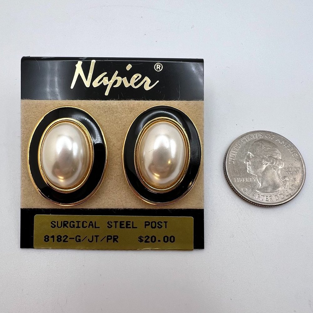 Napier Pearl Cabochon Black Enamel Earrings - Picture 3 of 3